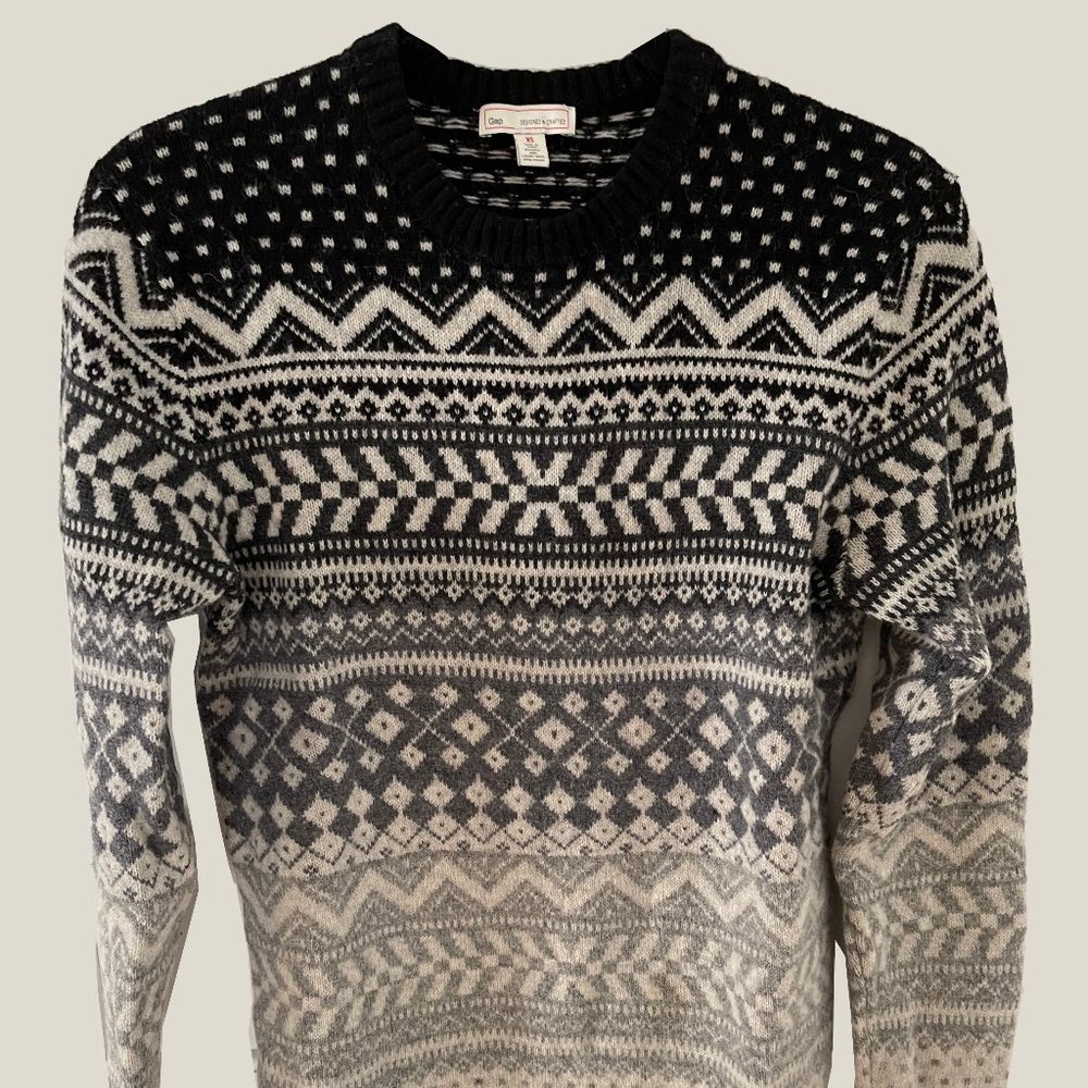 SALE XS GAP WOOL BLACK GREY WHITE FAIR ISLE CREWNECK SWEATER